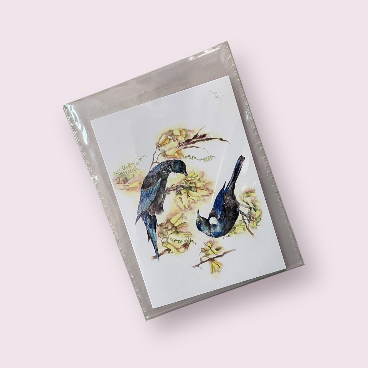 Greeting card 'tui and kowhai' - Emily Moffitt