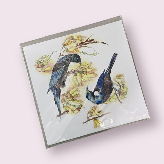 Greeting card 'tui and kowhai' - Emily Moffitt